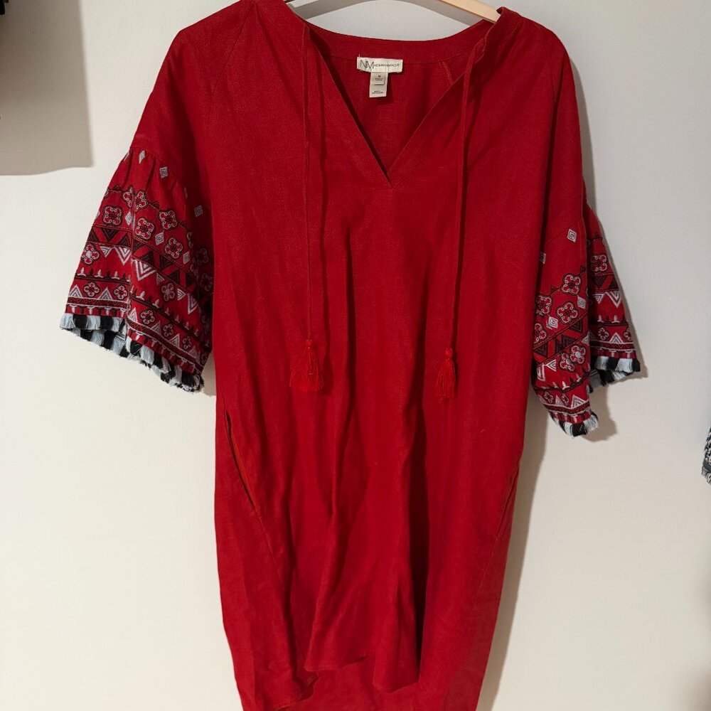 Neiman Marcus 100% Linen Red Dress with Embroidered Sleeves - Size M